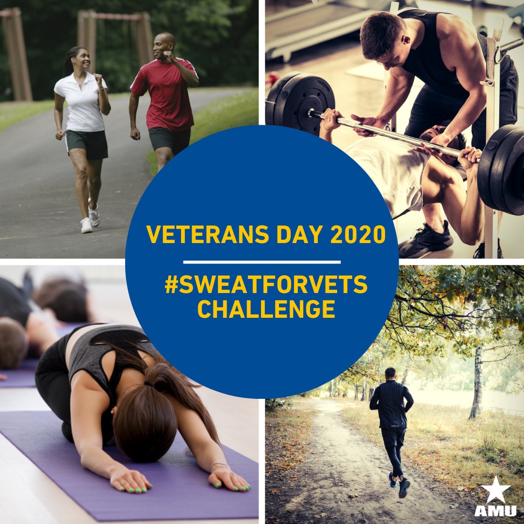 AmericanMilU's tweet photo. This #VeteransDay, honor a veteran in your life by participating in our #SweatForVets challenge! Between now & Nov. 11, join our challenge by:
โ๏ธ Dedicating a workout to a veteran๐โโ๏ธ๐ดโโ๏ธ๐๏ธโโ๏ธ๐งโโ๏ธ
โ๏ธ Share a sweaty selfie & the name of the veteran youโre sweating for using #SweatForVets https://t.co/O1THGssB02