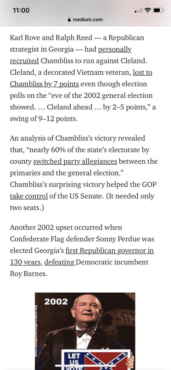 Georgia’s 2002 election—it’s first using touchscreens—resulted in several poll-defying wins, one of which helped Republicans take control of the US senate. The Republican victor was hand picked by Karl Rove. 6/