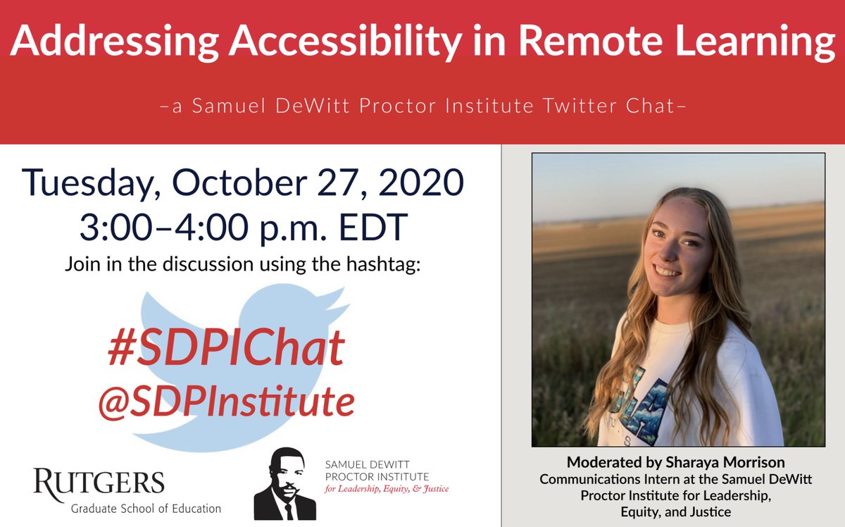 SDPInstitute's tweet photo. 1 hour until our #SDPIChat "Addressing Accessibility in Remote Learning!" ๐ฃ Don't miss out!
#HigherEd #COVID19 #onlinelearning #Leadership #Equity #Justice https://t.co/tUPefm2CLl