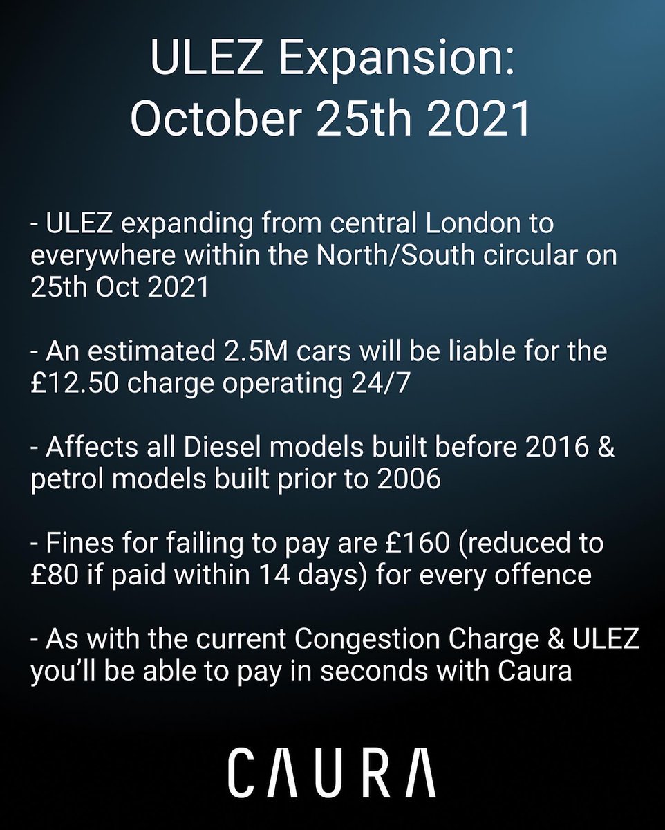 caura's tweet photo. Everything you need to know about the ULEZ expansion that’s just been announced and coming in October 2021. It means an estimated 2.5M cars will now be liable for the daily £12.50 charge 😱.
#driving #techstartup #londonstartup #ulez #cc https://t.co/8sgrMWCaoA