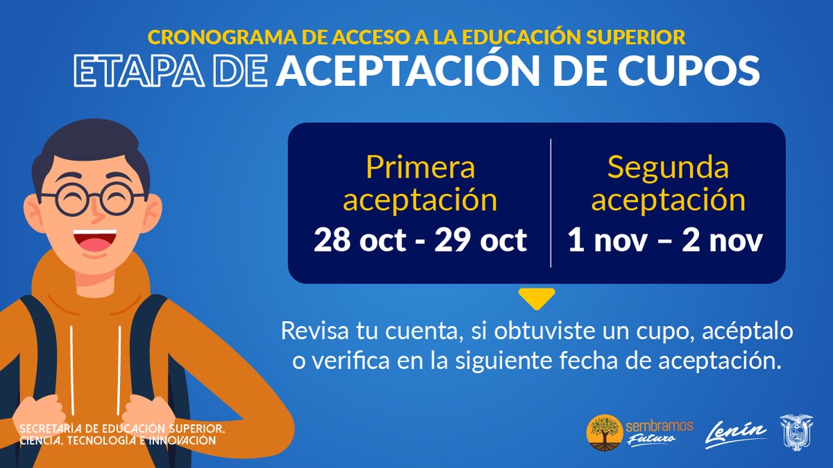 📣 ¡Pilas! Desde mañana verifica si obtuviste un cupo ingresando a 👉 examenadmision.senescyt.gob.ec.

🔴 Recuerda: En la primera fase de aceptación, el sistema te asigna cupos únicamente a las dos primeras opciones de carrera elegidas por ti.

👨‍🎓 #Admisión2020