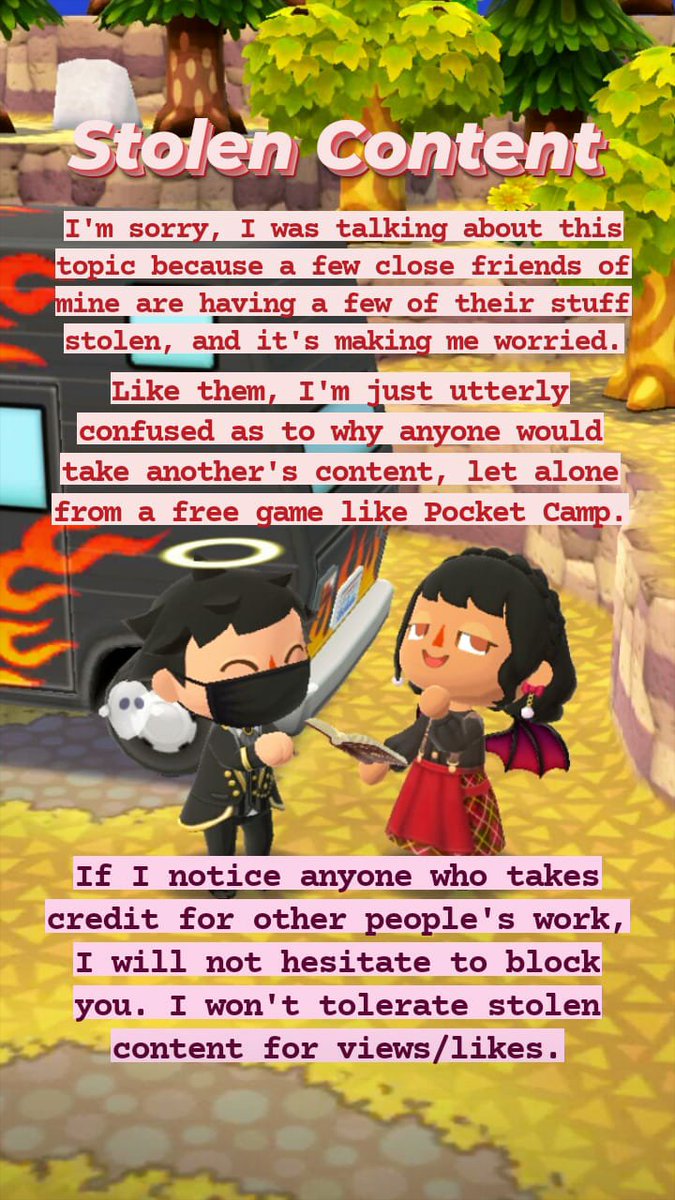 mayormaihansen's tweet photo. My thoughts regarding to stolen content I've been seeing lately, specifically for Pocket Camp content. Original Story updates on my Instagram @mayormaihansen.
#acpc #animalcrossing #pocketcamp #acpcgallery #acpcdesign #acpcfall #acpchalloween #acpcinstagram https://t.co/TDH4v8ymCC