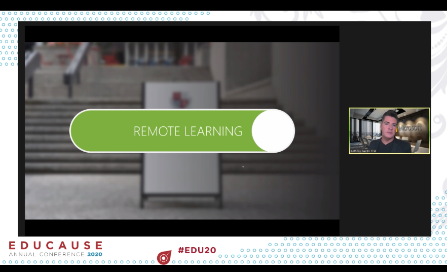 EdTech_HigherEd's tweet photo. "Students are starting to question what it is they do in the classroom that they couldn’t just carry over to @Zoom_US or @MicrosoftTeams or a @Google Meeting." @AnthonySalcito, VP of Education @Microsoft #EDU20 #HigherEd https://t.co/Km3GxRi988