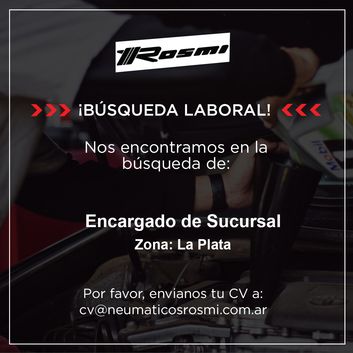 NeumaticosRosmi's tweet photo. 📢 ¡ BÚSQUEDA LABORAL !📢
Zona La Plata

Envianos tu cv a: cv@neumaticosrosmi.com.ar https://t.co/ID1vUOIsQ1