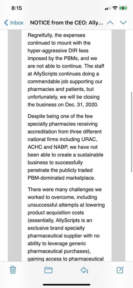 Even specialty pharmacy isn’t sustainable. #pbms have absolutely decimated every possible Avenue for an independently owned entity to conduct business.