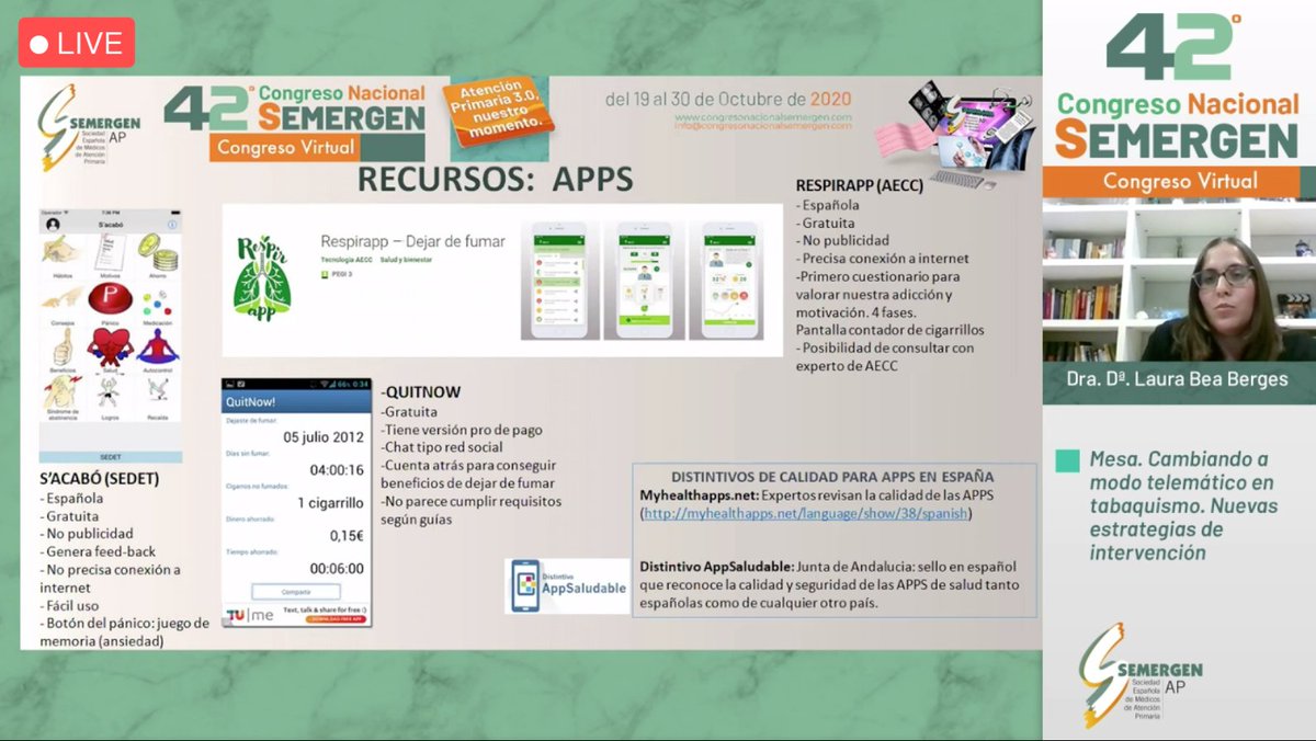 SEMERGENap's tweet photo. 👉Recursos para desabituación tabáquica: #apps. Importante revisar distintivos de calidad. 

Dra. Bea Berges. #SEMERGEN20 #Tabaquismo https://t.co/F2CMktA2ma