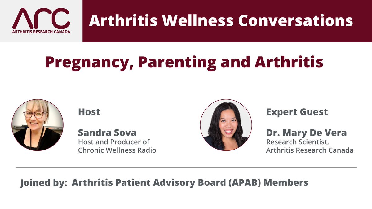 Arthritis Research Canada (@arthritis_arc) on Twitter photo In this episode of Arthritis Wellness Conversations, host <a href="/Chronic_Tips/">Chronic Wellness Tips</a> chats with Research Scientist, <a href="/maryadevera/">Dr Mary Abigail De Vera ๐จ๐ฆ๐ต๐ญ</a> and our Patient Advisors about pregnancy, parenting and #arthritis. #ArthritisResearch
๐Watch here: ow.ly/20j050C4aL3 In this episode of Arthritis Wellness Conversations, host <a href="/Chronic_Tips/">Chronic Wellness Tips</a> chats with Research Scientist, <a href="/maryadevera/">Dr Mary Abigail De Vera ๐จ๐ฆ๐ต๐ญ</a> and our Patient Advisors about pregnancy, parenting and #arthritis. #ArthritisResearch
๐Watch here: ow.ly/20j050C4aL3