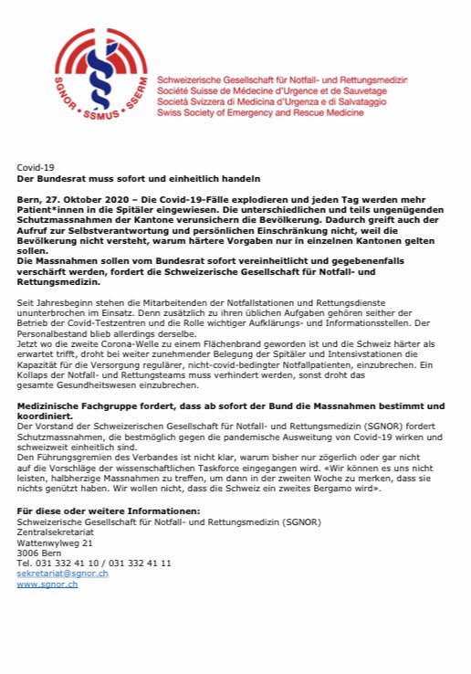 TanjaBirrenbach's tweet photo. Swiss Society of Emergency and Rescue Medicine is demanding a coordinated government effort for the fight against #COVID19. We must get the numbers down! #SGNOR https://t.co/D3UYPmJCVW
