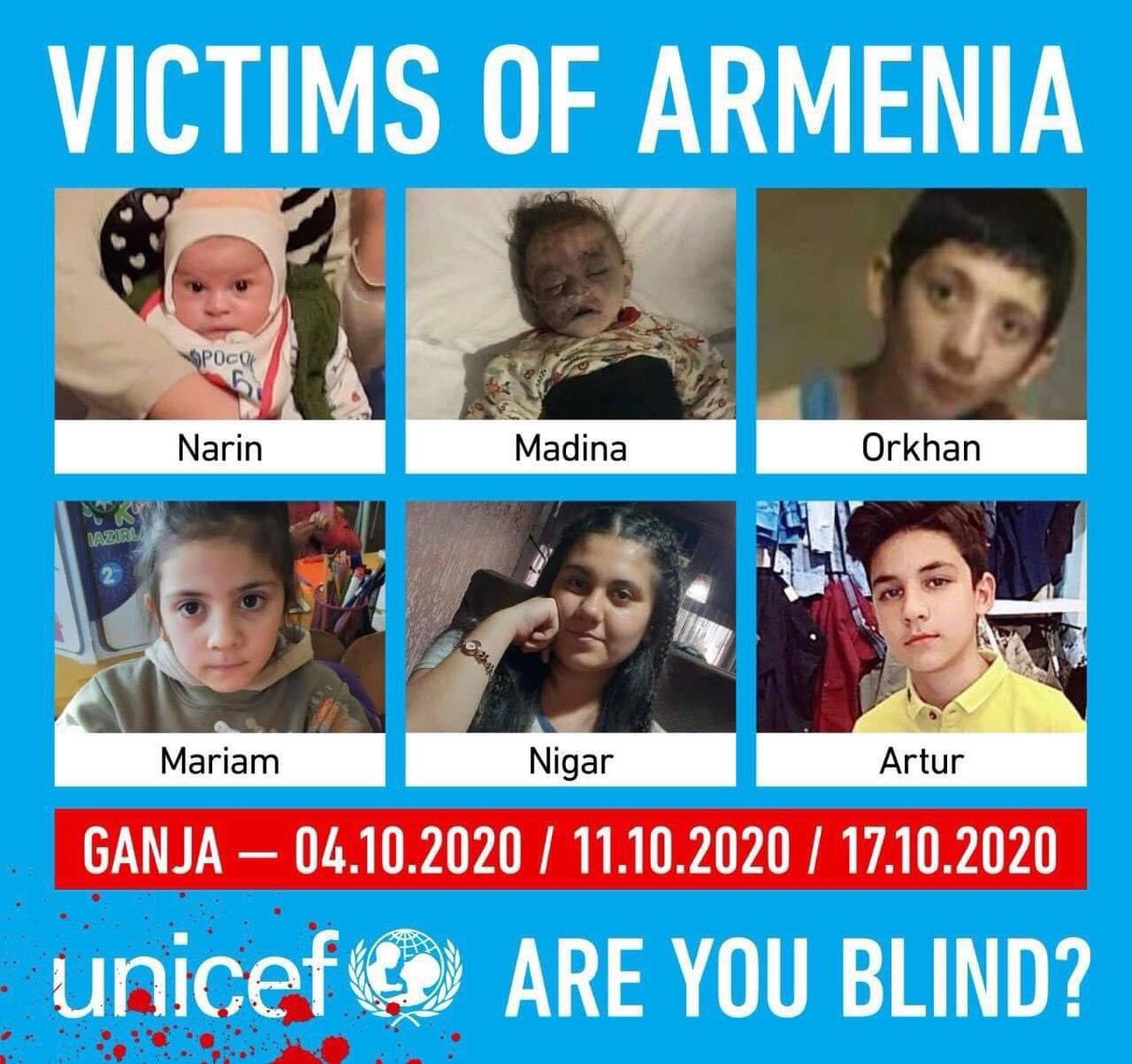 And now Armenia targeted civilians in #Bardacity. In the result of ballistic attack 4 people died and at least 13 ones injured and among them were children too. 8 year old Aysu Isgandarova was killed.
Death toll of civilians in Azerbaijan reached 70 today. 
#PrayForBarda