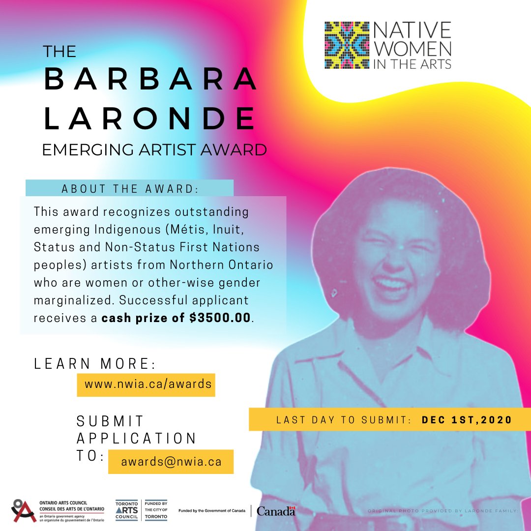 Apply today for the Barbara Laronde Emerging Artist Award! This award is given in the spirit of fostering the careers of emerging artists from Indigenous (on and off-reserve) communities in Northern Ontario. 

Applications Due - Dec. 1, 2020.

nwia.ca/apply