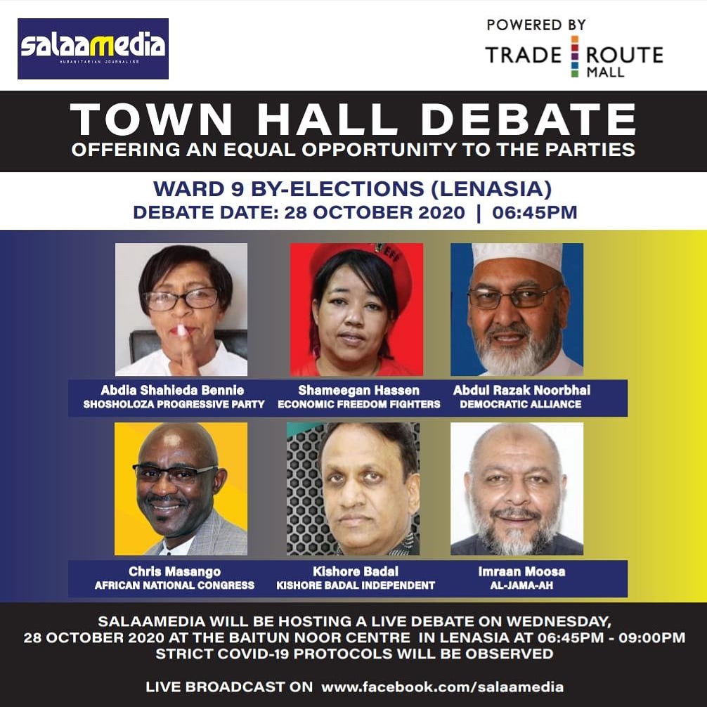 salaamedia's tweet image. Salaamedia will be hosting a live Town Hall Ward 9 by-elections debate moderated by @AshrafGarda. This will be streamed live on all our social media platforms. Questions and comments will be interactively welcomed on social media. Alternatively, comment your questions below.