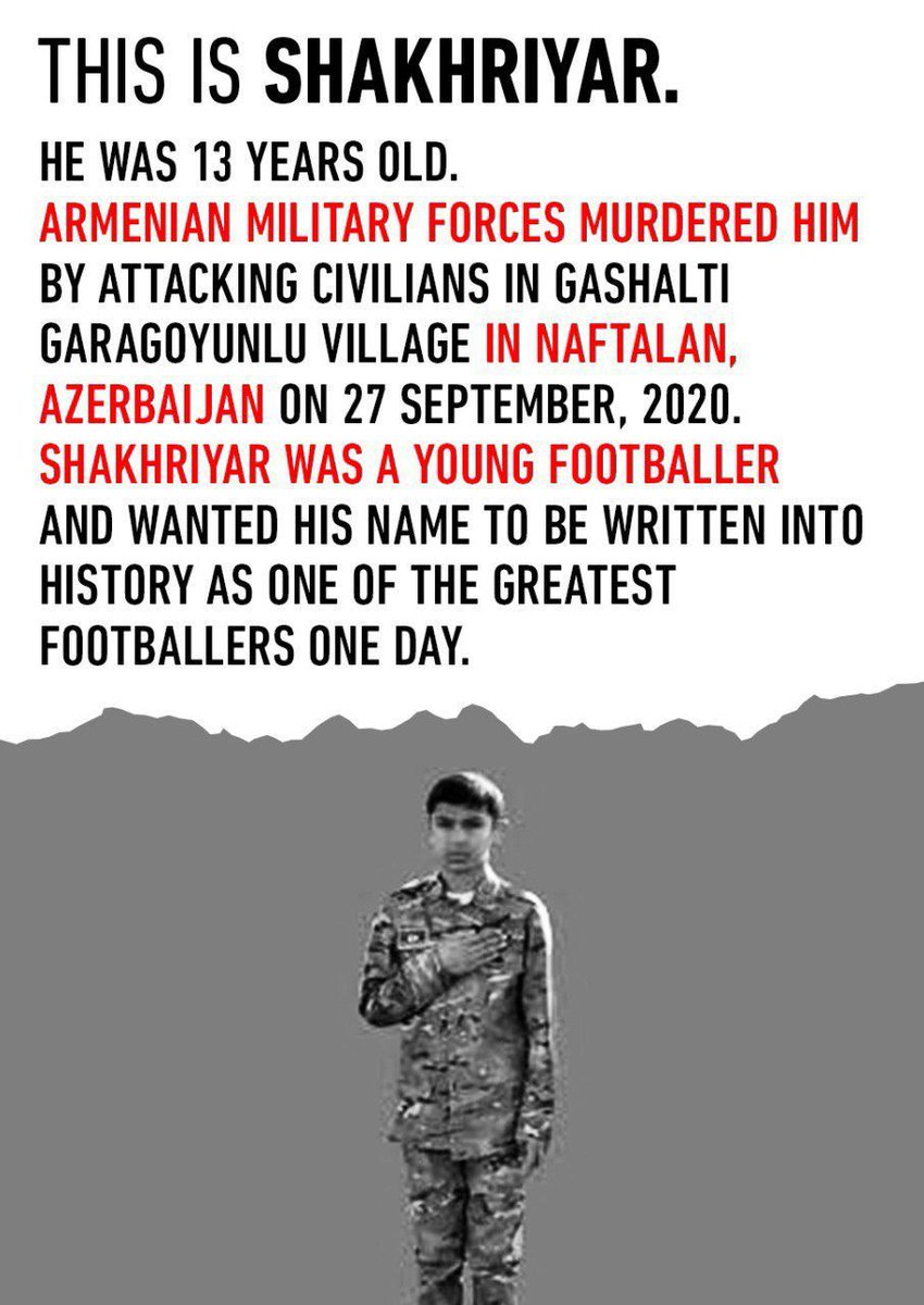 Shafagbakhish's tweet photo. Shakhriyar is a boy from #Azerbaijan who was killed by the Armenian missile far away the conflict zone. #Armenia kills young talents, Shakhriyar’s dream won’t come true.
#StopArmenianAggression
#StopArmenianTerrorisim
#RespectUN
#WorldWakeUp
#Terror #Armenia https://t.co/eepCNePMBE