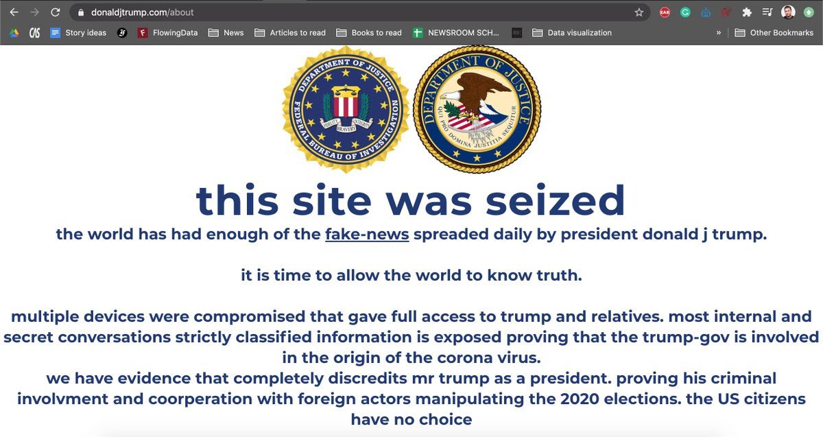 nicoleperlroth's tweet photo. Trump's Campaign website hacked/defaced by someone who is sick of the "fake news spreaded daily" by the president. https://t.co/035neUv7kc