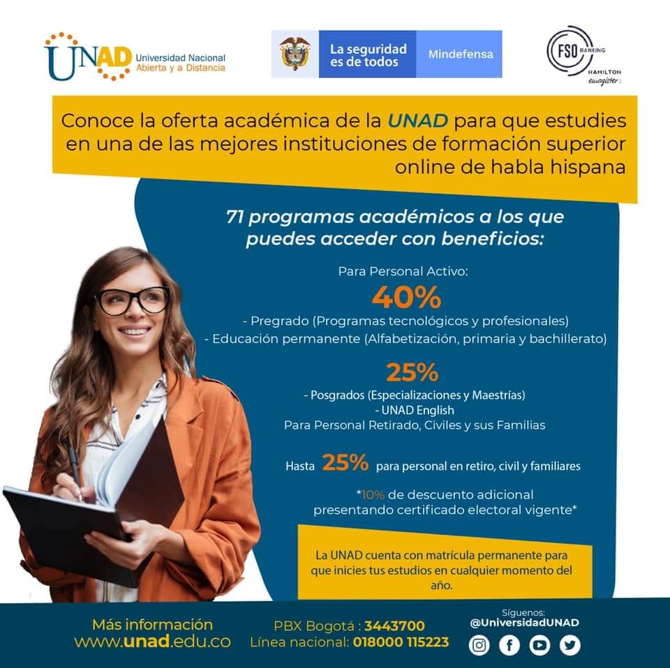 #ConveniosUNAD Conoce el convenio de la UNAD con el Ministerio De Defensa Nacional y obtén hasta el 40% de descuento sobre el valor de la matrícula en programas de pregrado y educación permanente.🤩

Más información👉 bit.ly/3mtEQsN
