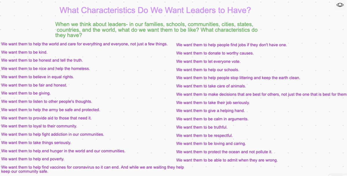 MissStewartBU's tweet photo. Teaching is hard right now, there’s no doubt about that. These kids though, they give me hope for the future. This is the list of what they want in our community leaders, and I already see so many of these qualities in them! #iteach #3rdgrade #thepresidentproject @miss_kotsonis https://t.co/SneGfEwksB