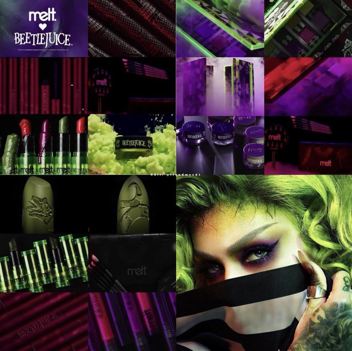 Trendmood's tweet photo. #REVEALED 🚨it’s a Full Collection!!! 🖤💚💜 NEW! Collaboration @meltcosmetics X #beetlejuice #meltxbeetlejuice Includes:
2 Eyeshadow palettes 
Mascara 
Lipsticks
Brushes
Glosses
Mirror 
And more...
#ComingSoon https://t.co/bYIydY2mfP