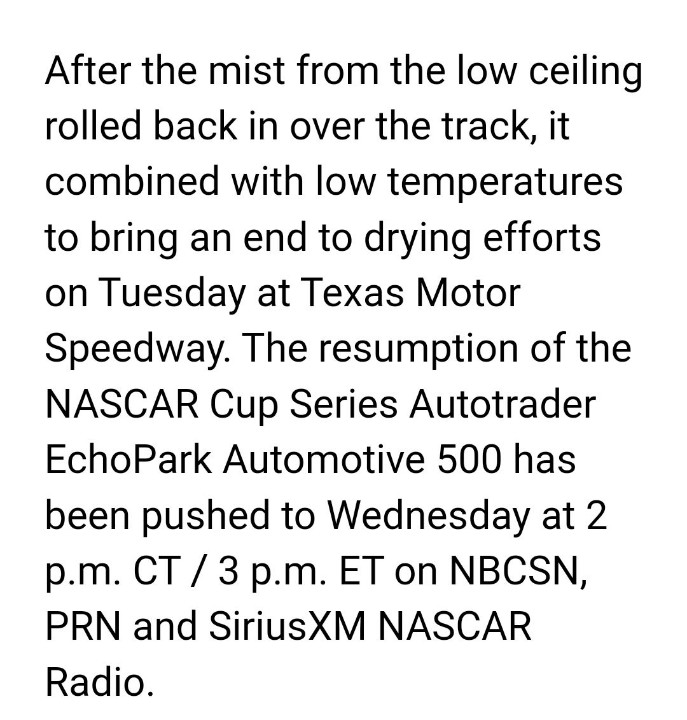 ClaireBLang's tweet photo. @TXMotorSpeedway race posponed again until 3 p.m. ET Wed. Here is #NASCAR note https://t.co/EGfOWDhqDk