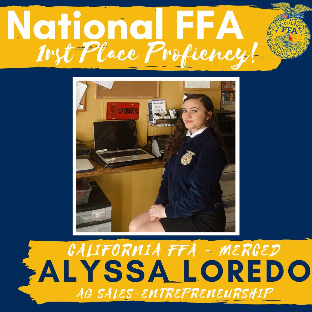 themercedffa's tweet photo. Today, Alyssa Loredo was announced as the NATIONAL WINNER in the area of agricultural sales - entrepreneurship! WE ARE SO PROUD OF YOU ALYSSA! Best of luck to all the students in other categories that are still waiting to be announced! @kkollmann04 @MercedUHSD 
#CaliforniaFFA https://t.co/l17OZBFu13