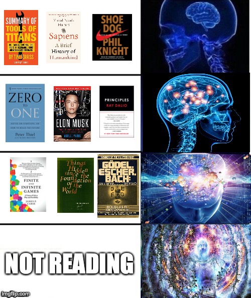 a combination starter pack and galaxy brain meme about tech twitter books