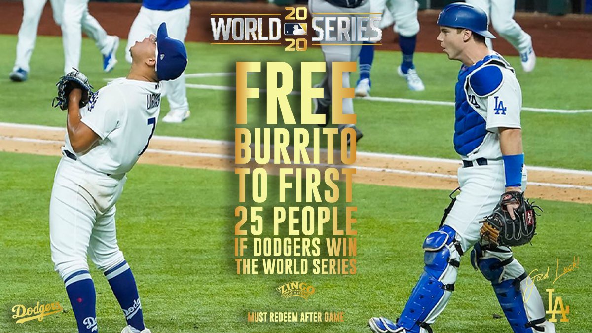 zingotacos's tweet photo. To celebrate a potentially #WorldSeries here in #LA we are giving away a #free #burrito to the first 25 People who show up after the game to celebrate with us. Tag the person who you want to celebrate the win with. @LATACO @Dodgers @LosDodgers https://t.co/ihnYSuPasc