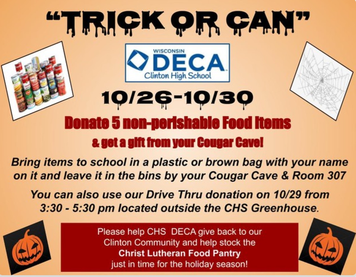 CHSCougarsDECA's tweet photo. Don't forget to bring in cans for Trick or Can this week!
#NextLevel #BeCougarProud https://t.co/YsStVWvYk2