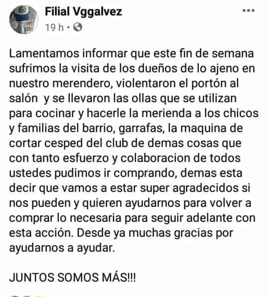 Nos solidarizamos con nuestros amigos de la filial de Villa Gobernador Gálvez por el siguiente hecho. 
Todo aquel que quiera colaborar o hacer alguna donación, bienvenido sea. Les dejamos un núm. para retirar si hace falta 
📲 3412798910 (Seba)
Se agradece difusión 🙏🏼