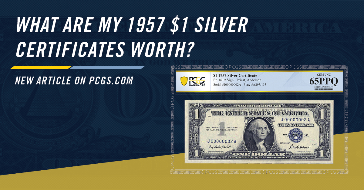 PCGScoin's tweet image. The late 1950s or early 1960s, may have meant trading in a Series 1957 $1 Silver Certificate for a Morgan Dollar or Peace Dollar, large silver coins that were still readily available for face value during that time. #PCGS #PCGSBanknote