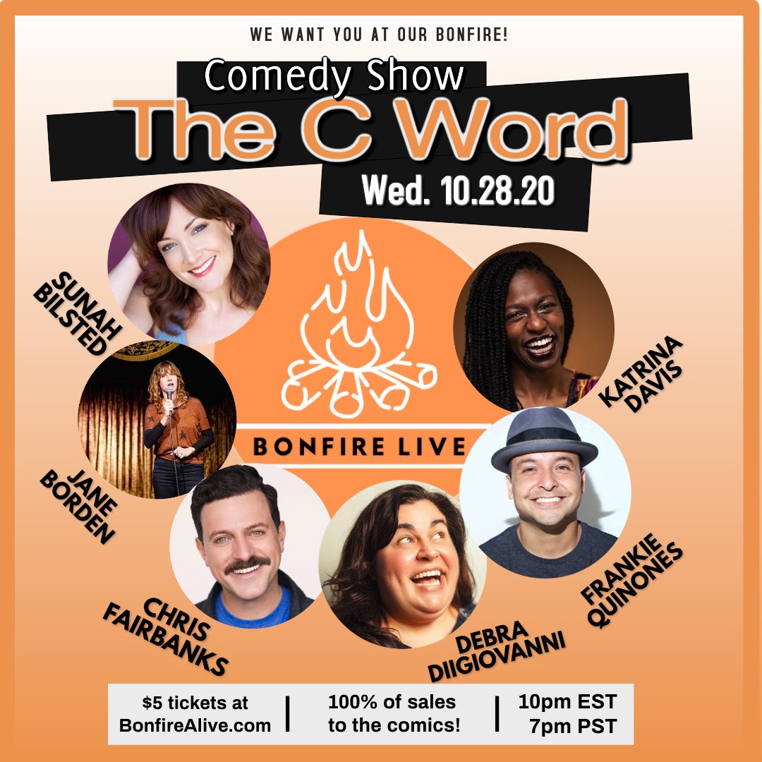 cwordshow's tweet photo. We’re back and on Zoom! TOMORROW night - absolutely killer lineup - BE THERE @thesunah @JaneBorden @chrisfairbanks @DebraDiGiovanni @FrankieQuinones @katrinasivad #standup #standupcomedy #zoomcomedy #bonfirelive #comedy #fuckmylife #wtfislifeanymore #thanksforstillreading https://t.co/K2iwVc9Y3d