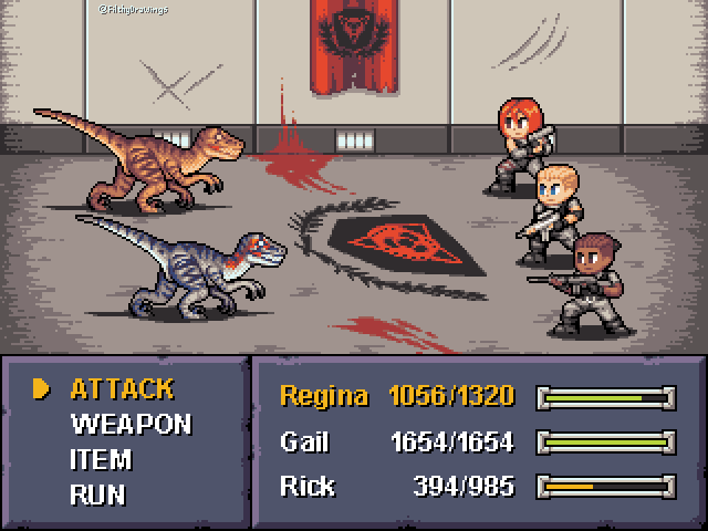 Have you ever imagined what #DinoCrisis would be like as a turn-based RPG? Well, here's a glimpse at what it could look like!

I bet it could make for an awesome survival horror RPG!

 #ドット絵 #pixelart #jrpg #RPG  #aseprite #madewithaseprite #demake