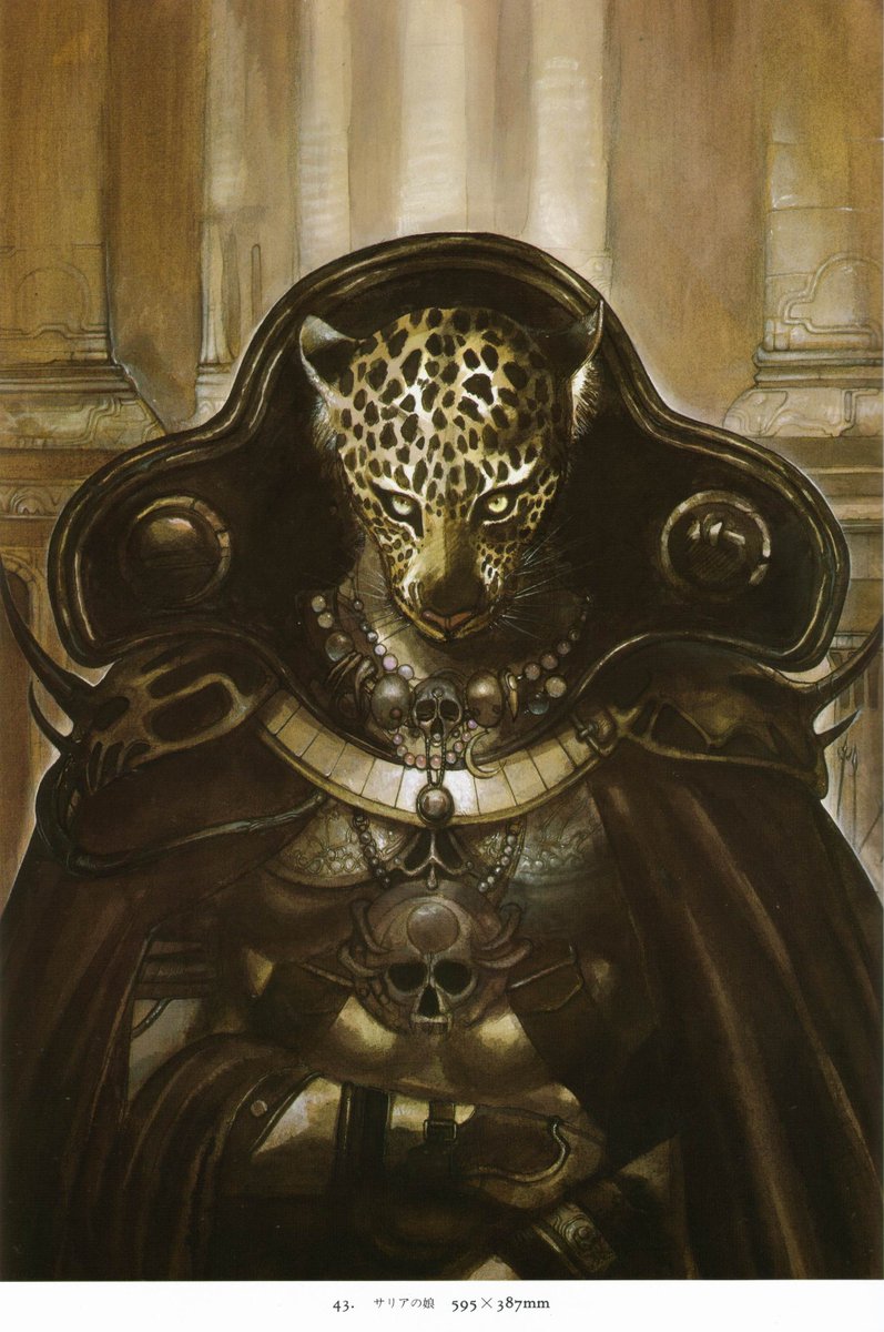 Some Amano's art for The Guin Saga. The longest series of fantasy novels in the world (over 130 vols), by Kaoru Kurimoto, about an amnesiac w a leopard mask magically stuck to his face. Big influence on everything from Berserk to Dorohedoro. Still virtually unknown in the US.