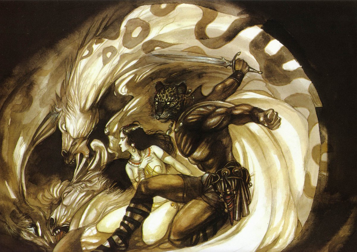 Some Amano's art for The Guin Saga. The longest series of fantasy novels in the world (over 130 vols), by Kaoru Kurimoto, about an amnesiac w a leopard mask magically stuck to his face. Big influence on everything from Berserk to Dorohedoro. Still virtually unknown in the US.