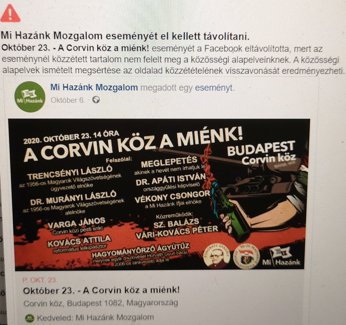 Kurucinfo2's tweet photo. Már '56 emlékének ápolása sem felel meg a Facebook "közösségi" alapelveinek - letiltották a Mi Hazánk oldalát.
80 ezer követőjük volt.
#Kuruc #Facebook #MiHazánk #oldal #tiltás #cenzúra #szólásszabadság
https://t.co/uLXuKI7aA2 https://t.co/SkezVgCvUc
