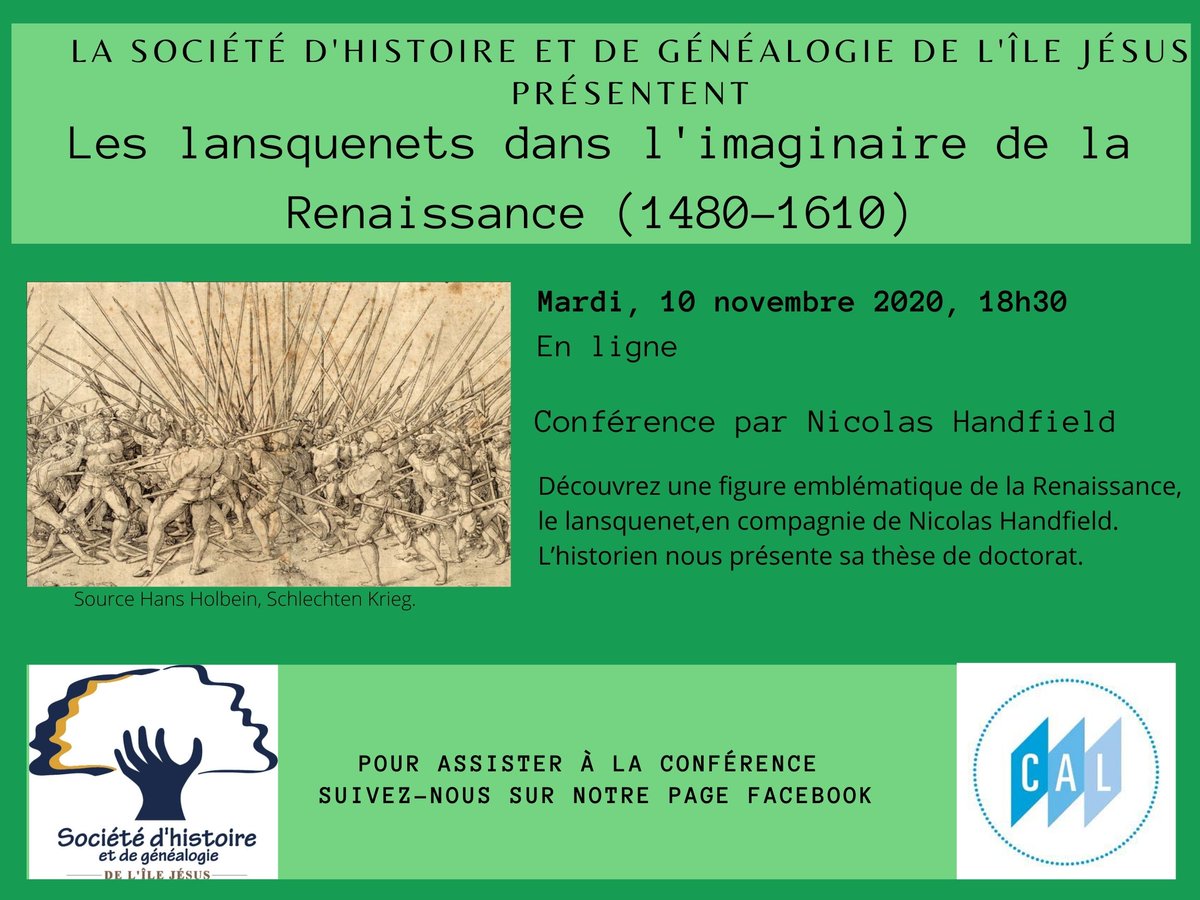 Conférence : Les lansquenets dans l'imaginaire de la Renaissance (1480-1610)
Mardi , le 10 novembre 2020, 18h30