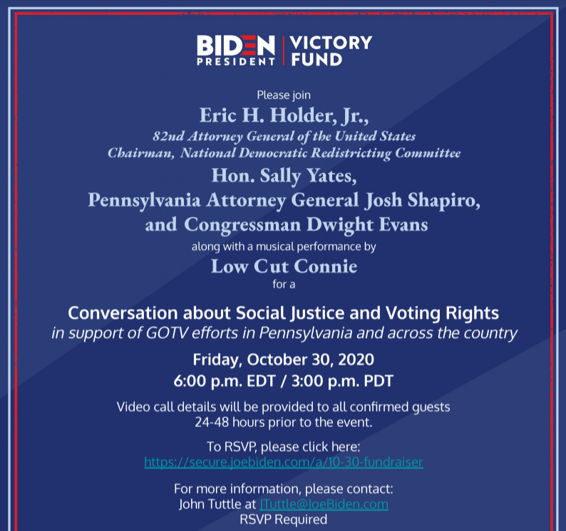JessicaTilli1's tweet photo. In this critical final stretch of the election, please consider joining us for an evening with @EricHolder, @SallyQYates, @JoshShapiroPA &amp; @RepDwightEvans for a conversation about social justice &amp; voting rights &amp; the best tunes around by @LowCutConnie! https://t.co/ZvGQfyllIF https://t.co/DDwlBcErHO