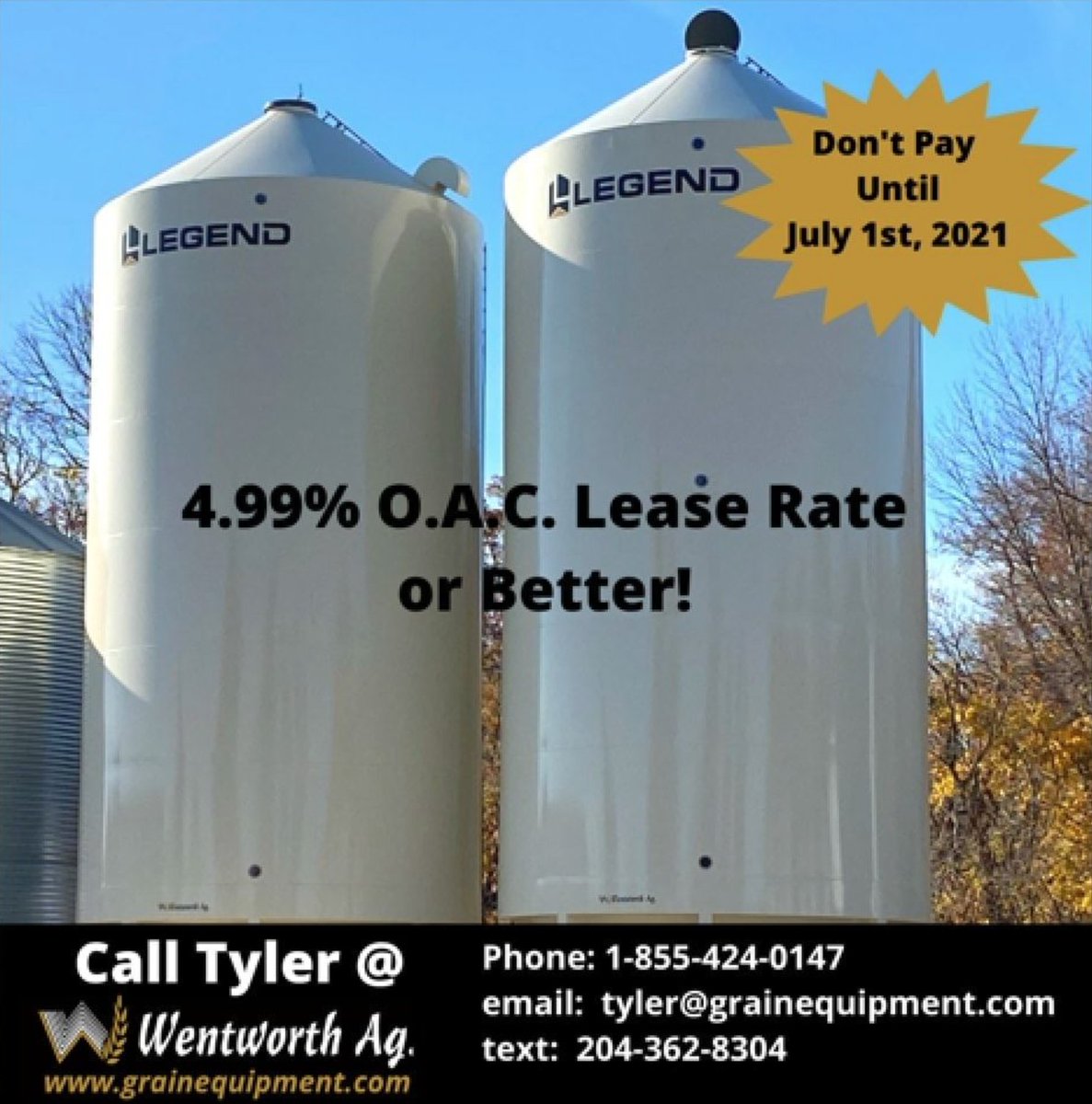 LEGEND grain/fertilizer smooth wall bins programs announced.
☑️Do not pay until July 1, 2021
☑️ 4.99% or better OAC
➡️Invest in your farm with one of the most innovative and quality bins available.
➡️In MB contact Tyler - Get your quote today
#westcdnag 
grainequipment.com/legend-bins/