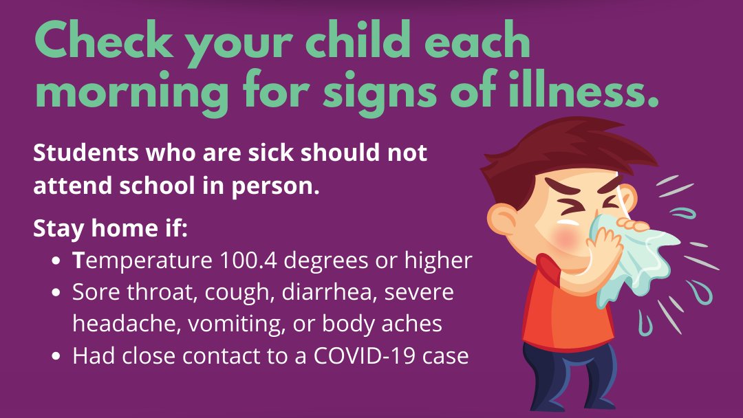 RichlandOne's tweet photo. Parents or caregivers are strongly encouraged to monitor their children for signs of illness every day. Students who are sick should not attend school in-person. #RestartStrong #R1Strong https://t.co/sUhZC7ThG7