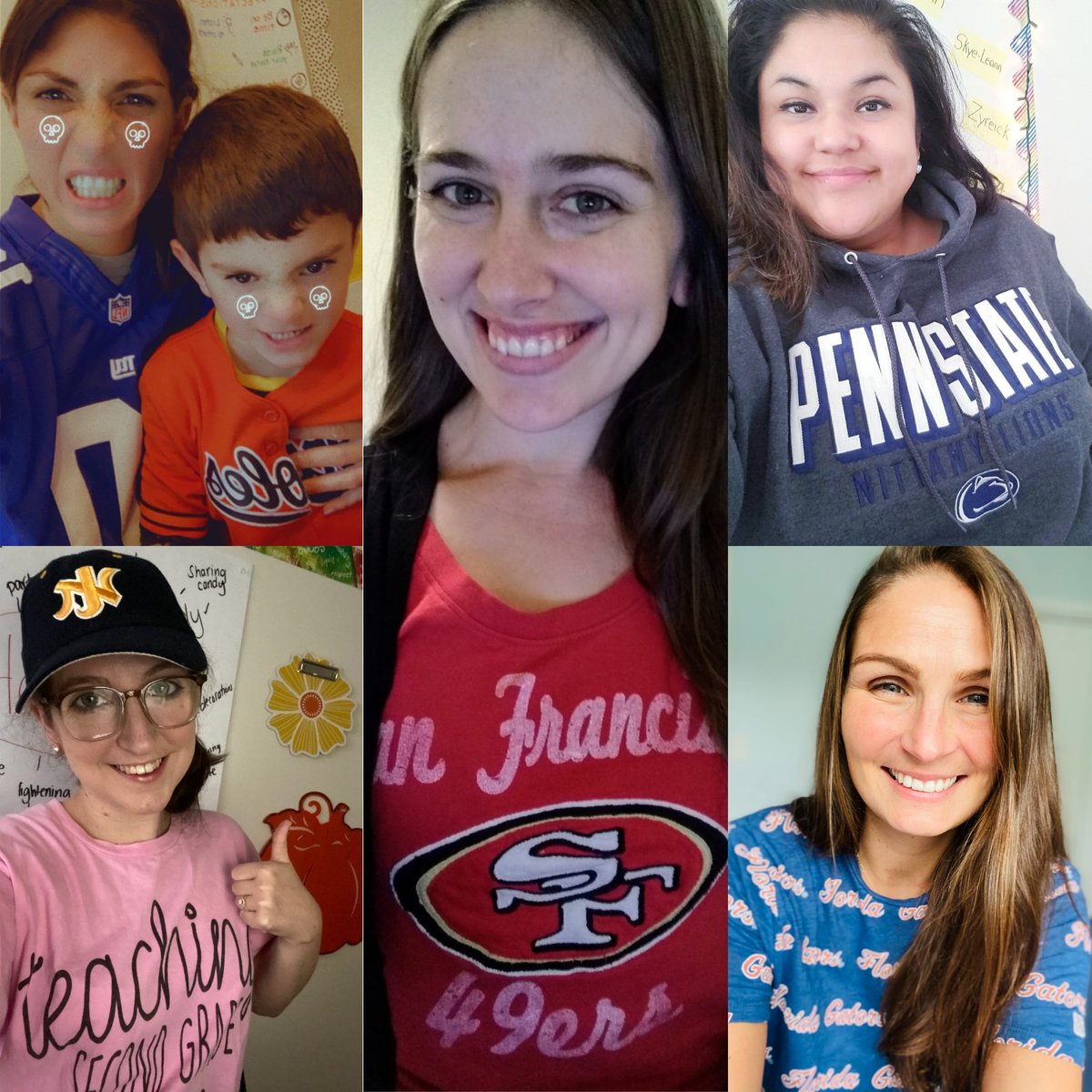 PHESGrade2's tweet image. Second grade representing for Team Day!!🏀⚾️⚽️🏈
@c_herrera31 repping for the TCNJ LIONS
@mrsAvolker repping for the giants
Mrs. Scott repping the 49ers,
@MChedick repping Penn State,
And @CaitandFitz repping the Gators!!
#PHESpride #AACPSawesome