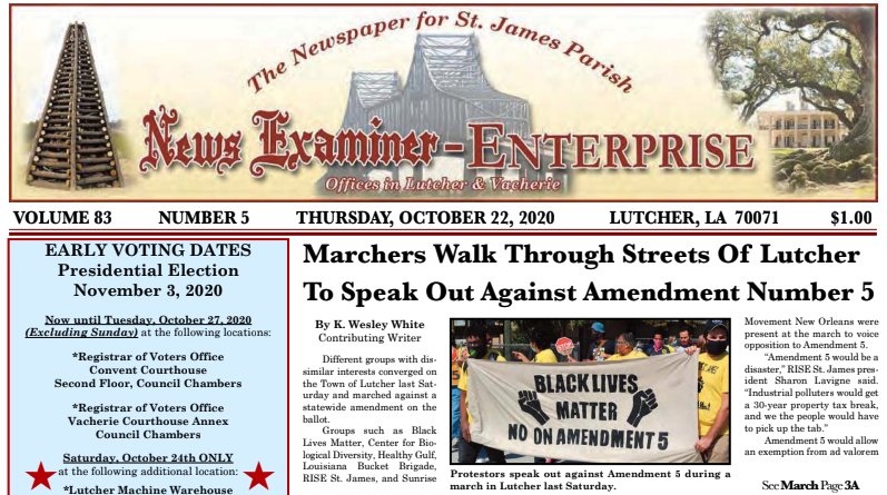 labucketbrigade's tweet photo. RISE St. James's #Fight5 and #BlackLivesMatter march made the top of the front page in the St. James Parish newspaper! Stay tuned for more video from the march later today. https://t.co/h3GSrODfco