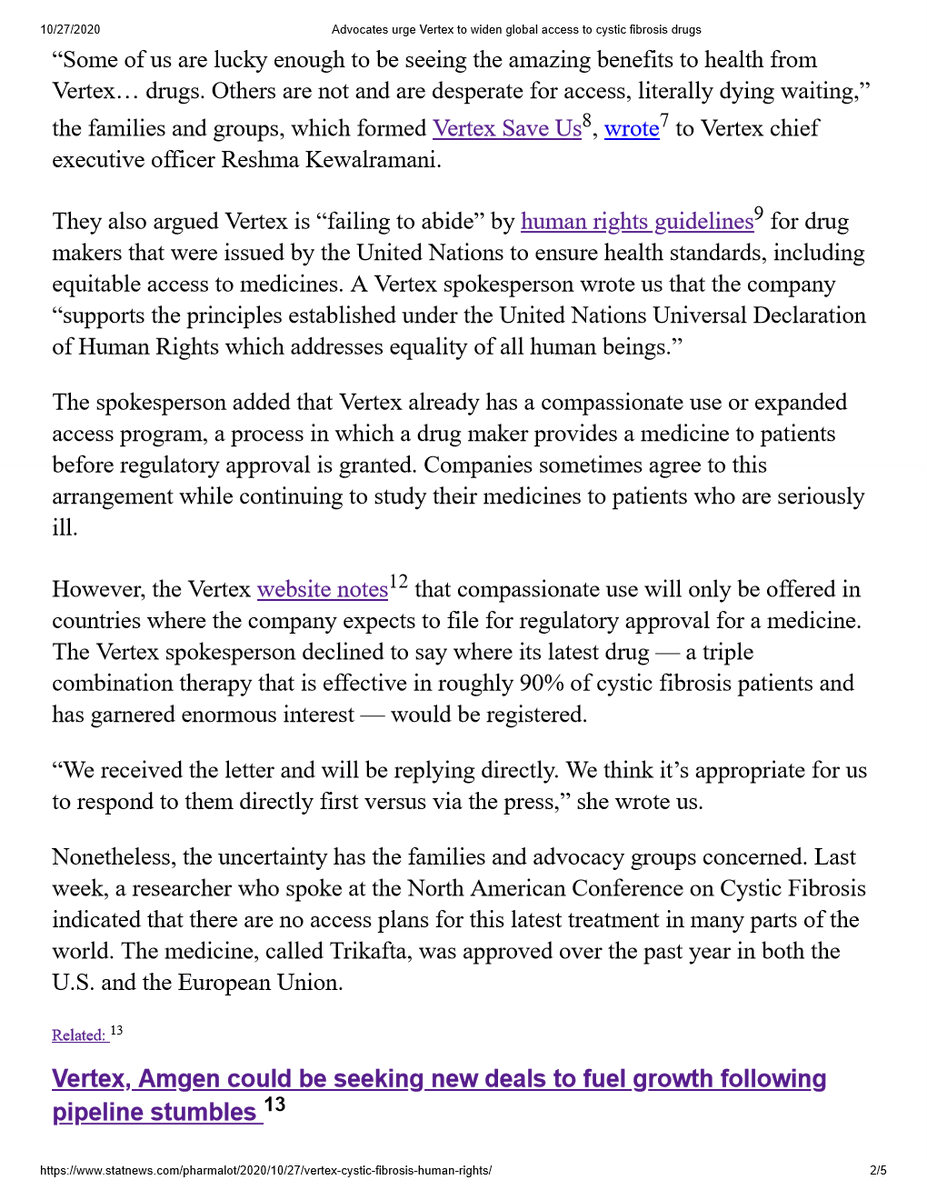VertexSaveUs's tweet photo. Dying patients w/ #cysticfibrosis are urging compassion &amp; reasonable behaviour by @VertexPharma to get life-saving drugs like #kaftrio to all patients, in line w/ @UNHumanRights guidelines. Thank you for covering @edsilverman @statnews https://t.co/sGpOWOKKrO