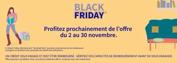 Faites-vous plaisir pour cette fin d’année <a href="/AXAFrance/">AXA France</a> vous accompagne ! Opération exceptionnelle <a href="/blackfriday/">Black Friday</a> d’@AXA_Banque pour financer vos beaux projets ! Rendez-vous chez nos agents généraux !
<a href="/ehennau/">Hennau Elie</a> <a href="/Alain_Guyon/">A. Guyon</a> <a href="/GeryM/">Gery Meinzel</a> <a href="/Bensliman31777/">Abderazak.BS</a> <a href="/FabriceLorre/">Fabrice Lorre</a>