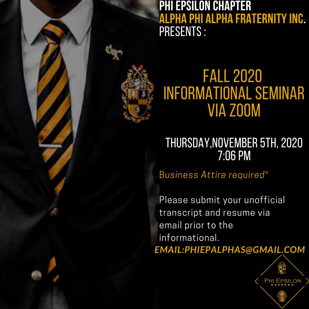 PhlyPhiEpsilon's tweet photo. The Men of the Phearless Phi Epsilon Chapter of Alpha Phi Alpha Fraternity, Incorporated. cordially invite you to their Fall 2020 Alpha Virtual Informational on Thursday, November 5th, 2020 at 7:06 p.m. via Zoom. We hope to see you on the call if you’re interested https://t.co/HNmysCZ0km