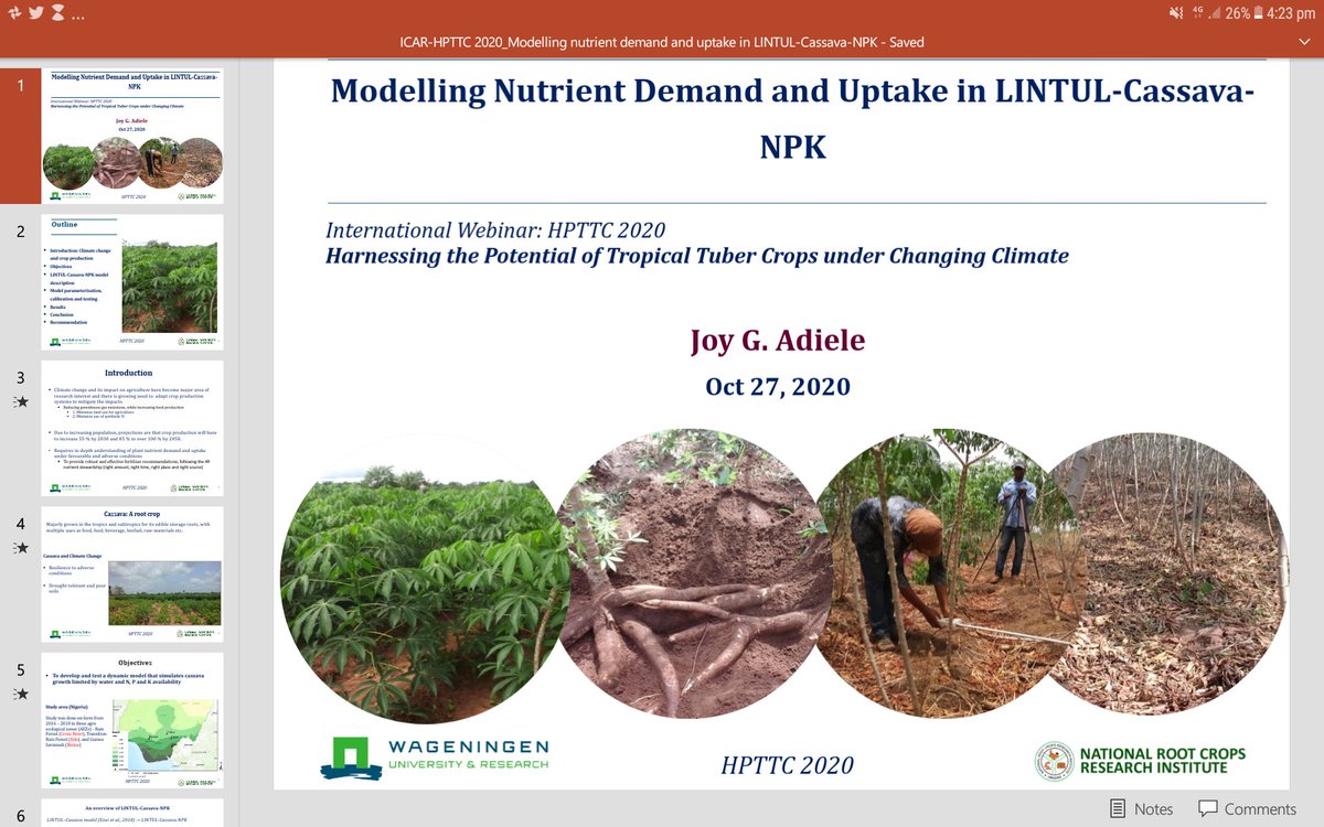 nrcri_umudike's tweet photo. Outstanding presentation by Dr Joy Adiele during today's International Webinar on “Harnessing the Potential of Tropical Tuber Crops under Changing Climate”. She gave detailed lecture on "Modelling Cassava Nutrient Demand and Uptake under West African Growing Conditions"#HPTTC2020 https://t.co/e3JuIi28Ub