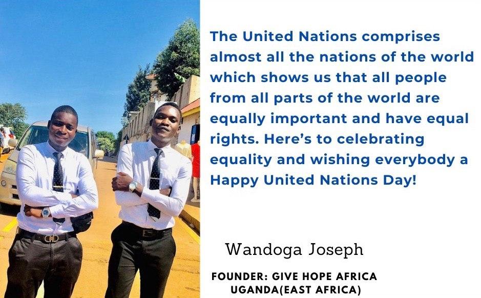 icday2020's tweet photo. Wandoga Joseph, founder of GIVE HOPE AFRICA from Uganda, shares a message in support of United Nations Day. #UNDay #ChangeTheWorldWithConscience https://t.co/CnUXTFiipC