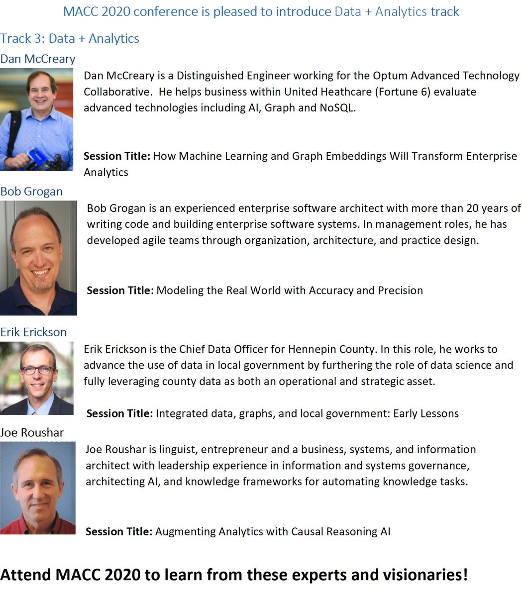 MikeEllsworth's tweet image. For its 7th year, the Midwest Architecture Community Collaboration Conference will present a virtual architecture conference. Here are the speakers for our Data + Analytics track #MACC2020 #ITarchitecture #ml #ai #datasciencehttps://midwestacc.com/register-2/