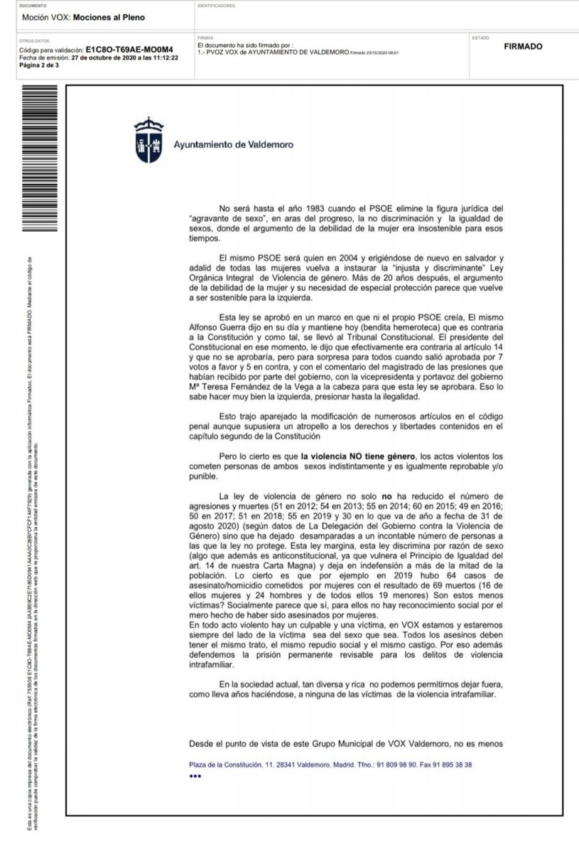 Objetivo5050's tweet photo. En próximo pleno ordinario  @Ayto_Valdemoro debatirá proposición Vox xa "instar  Gobierno Local a tomar medidas contra Violencia intrafamiliar"
Costará encontrar un texto con tanta perversión hablando de vida de las mujeres,esperamos de resto grupos #ToleranciaO a esta barbaridad https://t.co/3m0Iic47ug