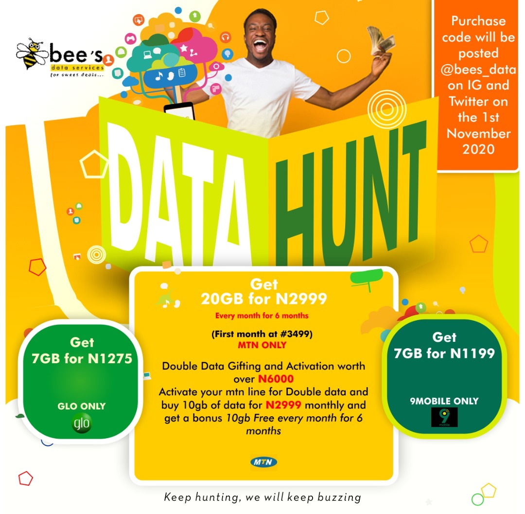 bees_data's tweet photo. Let the Hunt begin... This November 
DATA HUNT
Get 20gb for #2999 (MTN ONLY) 
Get 7gb for #1275 - (GLO ONLY) 
Get 7gb for #1199 - (9MOBILE ONLY) .
PURCHASE CODE will be released on our social platforms.. @bees_data on IG or Twitter #datahunt #bees_data #FasholaCamChallenge https://t.co/7bgIlc0IST