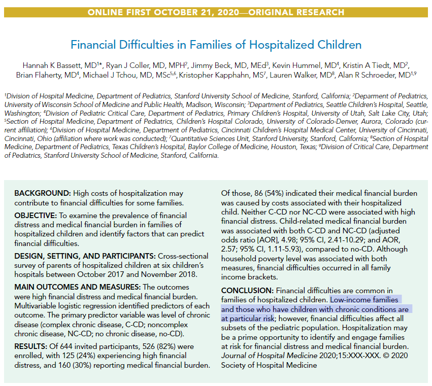 Though this work happened before #COVID19, it is likely even more important now. 

How often do parents and caregivers of children admitted to the hospital experience financial hardship?  And which groups are particularly vulnerable?

journalofhospitalmedicine.com/jhospmed/artic…