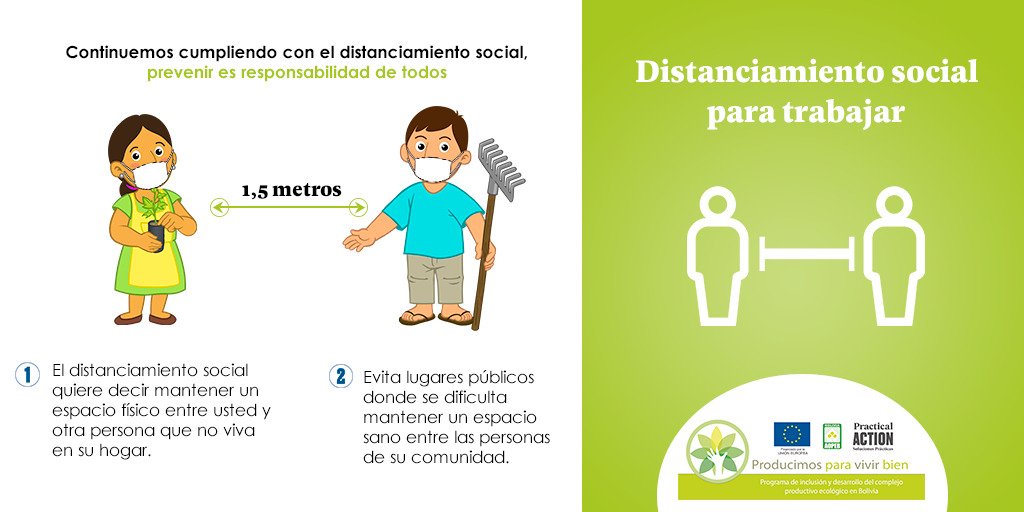 ProdEcologicBol's tweet photo. Cumpliendo con las medidas de bioseguridad desde #AOPEB te aconsejamos mantener la distancia de al menos un metro y medio para evitar contagiarnos.
Todos y todas nos cuidamos.
 #Producimos_Para_Vivir_Bien @UEenBolivia #PracticalAction  #Producción_Ecológica https://t.co/cXnVlLvkEf