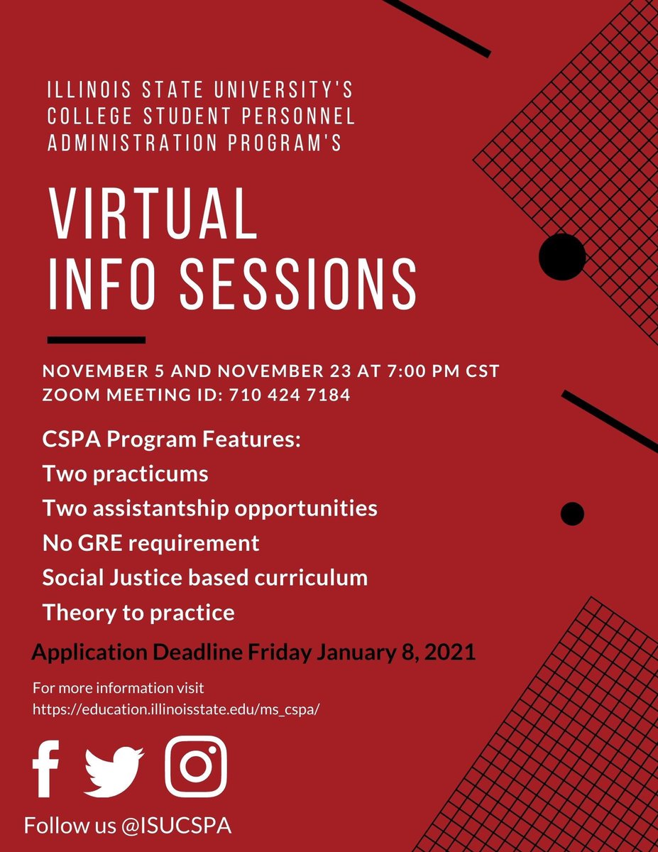 Interested in becoming a CSPA Redbird? Our next Info Sessions are Thursday, November 5, and Monday, November 23, at 7:00 pm CST!

Use this link to RSVP for an Info Session:

bit.ly/CSPAINFO

We hope to see you there!
#cspa #studentaffairs #highereducation #futuresapros