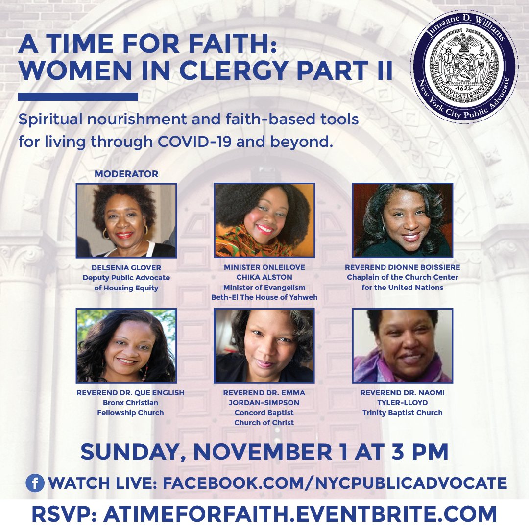 nycpa's tweet photo. Deputy Public Advocate @DelseniaTN will join Minister Onleilove Chika Alston, Rev. Dionne Boissiere, Rev. Dr. Que English, Rev. Dr. Emma Jordan-Simpson, and Rev. Dr. Naomi Tyler-Lloyd for a conversation on women in the clergy.

RSVP for a #TimeforFaith: https://t.co/6TMfPFwrLH. https://t.co/AE0V54DaF3